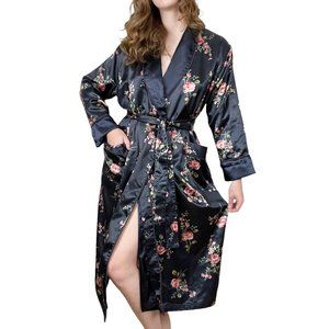 Stunning Vintage Silk Robe Kimono Long Duster Smoking Jacket Belted Floral Slit